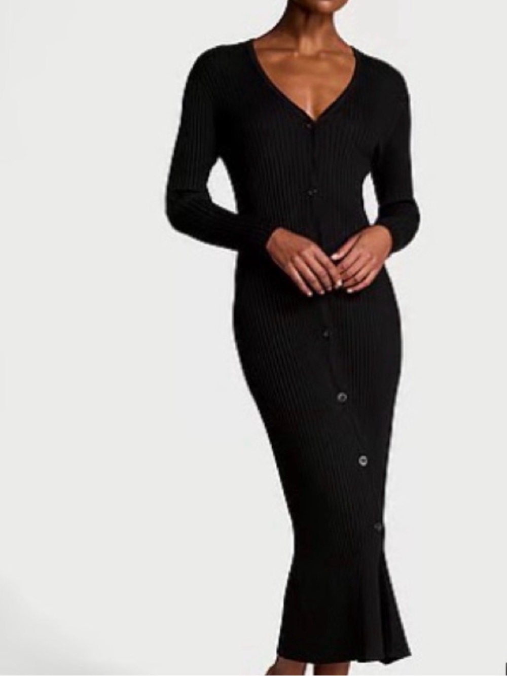 Victoria's Secret Black Ribbed Button-Front Long-Sleeve Maxi